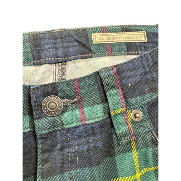 Ralph Lauren RL Cropped Skinny Plaid Jeans Pants Women Size 16 Green Blue | B1 - Picture 2 of 7